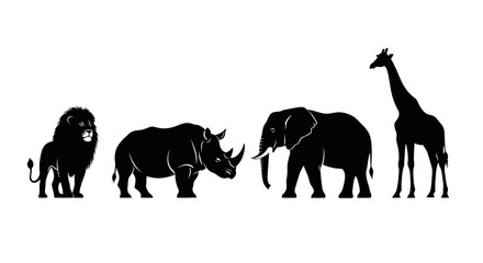 African Safari Animals Silhouette: Lion, Rhino, Elephant, and Giraffe Collection © deni