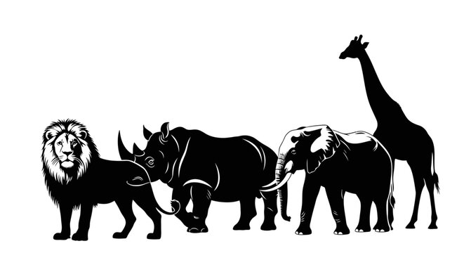 African Big Five Silhouette: Lion, Rhino, Elephant, and Giraffe