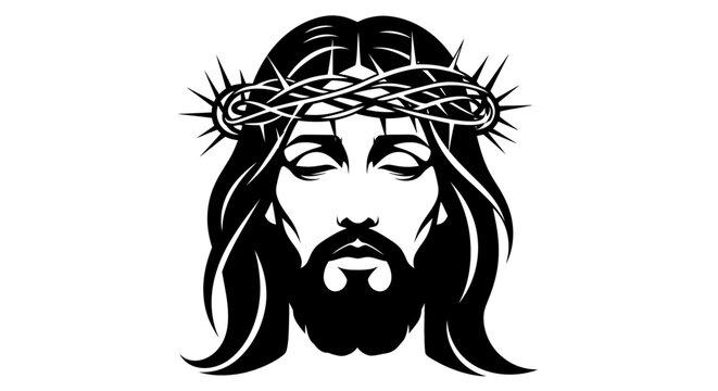Black and White Illustration of Jesus Christ with Crown of Thorns