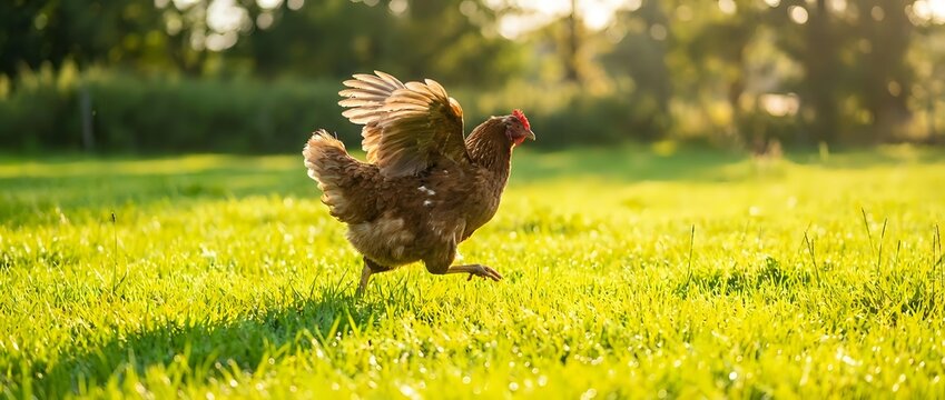 Brown hen walking on green grass in sunny backyard during golden hour sunset light. Farm poultry bird outdoors in natural countryside setting for agriculture concepts.