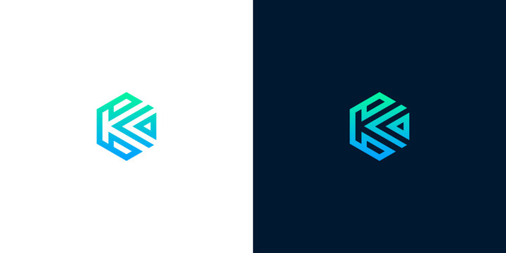 Abstract geometric logo design in blue and green gradient colors, representing innovation and technology on white and dark backgrounds