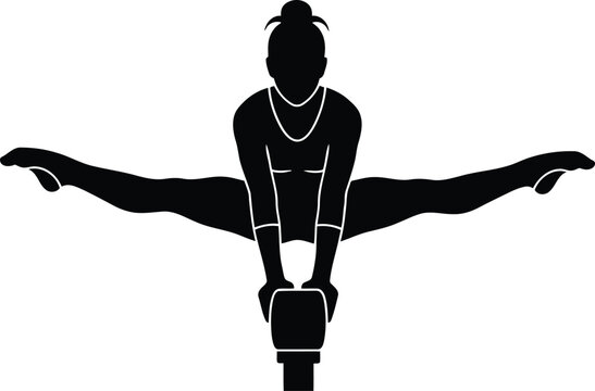 Black silhouette of female gymnast performing straddle split jump on pommel horse isolated on white