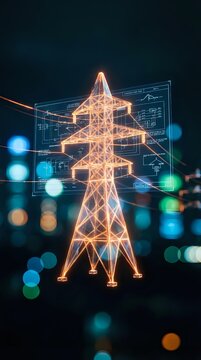 Glowing electrical transmission tower with digital blueprint overlay and colorful bokeh lights for energy infrastructure and smart grid technology concepts.