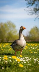 Obraz premium Goose Standing Proudly Amidst a Field of Flowers.