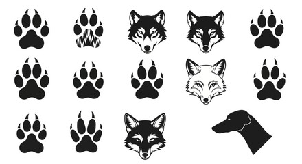 Collection of Wolf, Fox, Dog Paw Prints and Silhouettes © eaceu