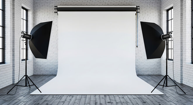 A professional photography studio setup with a large white backdrop and two softbox lighting units for creating high-quality images.