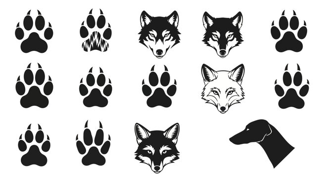 Collection of Wolf, Fox, Dog Paw Prints and Silhouettes