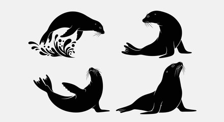 Four Black Seal Silhouettes Depicting Various Poses and Water Splash Elements © Asahi