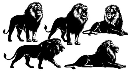 Five Black Silhouettes of Lions in Various Poses - Roaring, Standing, and Lying Down © Asahi