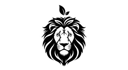 Obraz premium Bold Black Lion Head Silhouette with Green Leaves Symbolizing Strength and Nature