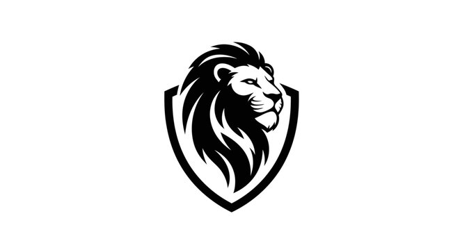 Bold Black Lion Head Logo Emblem on Shield, Majestic King of Jungle Symbol