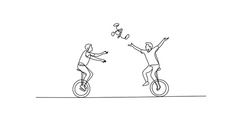 Continuous single line drawing of two people riding unicycles while playing with a small drone Vector, illustration © Badhon_Art Gallery