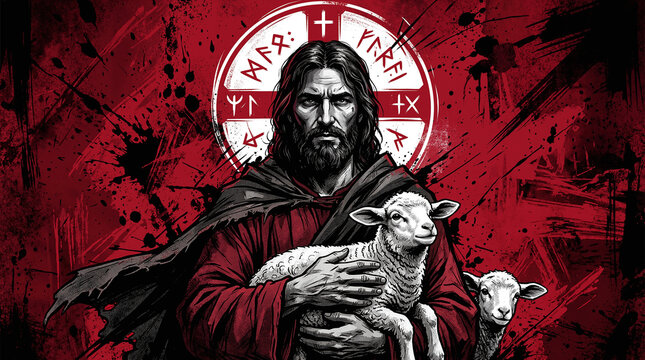 Digital artwork of Jesus holding a lamb with red grunge background