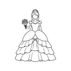 Fototapeta premium Beautiful princess line art character wearing elegant gown and holding bouquet