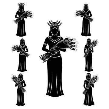 Ancient Goddess Ceres Silhouette with Wheat Sheaves, Symbol of Agriculture and Harvest
