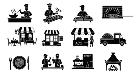 Naklejka premium Food Industry Icons: Chefs, Restaurants, Food Trucks, and Ovens