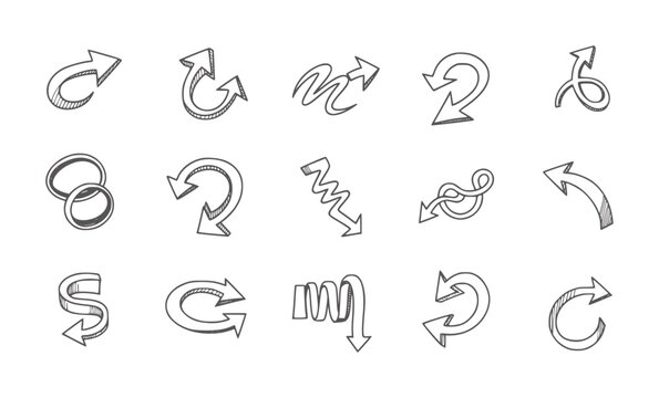 Black and white collection of circular and curved arrow arrows monochrome