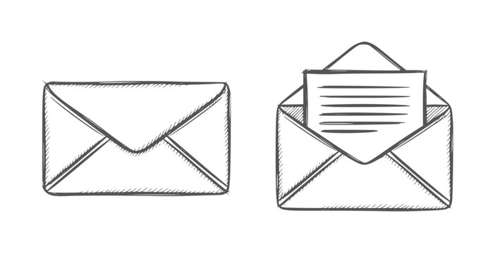 Black and white hand drawn sealed and open envelopes with letter mail stationery