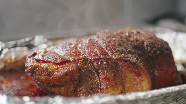 Video of a whole boneless roasted pork joint resting on a wooden board with visible steam rising. The crispy, seasoned crust and rich texture emphasize freshly cooked, hearty comfort food and slow roa