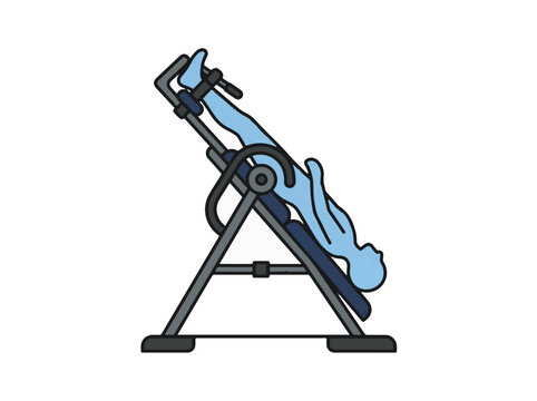 A person is shown on an inversion table, tilted at an angle, with their feet secured and body in a reclined position.