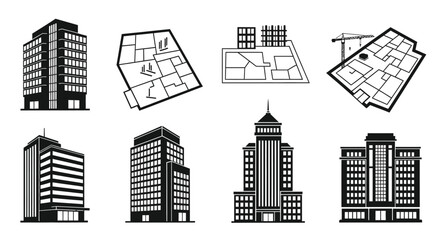 Obraz premium Set of Building Icons: Modern Architecture, Floor Plans, and Construction