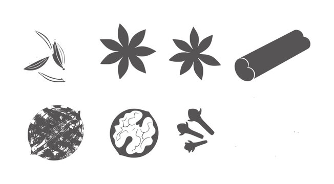 Black and white line of various spices and herbs