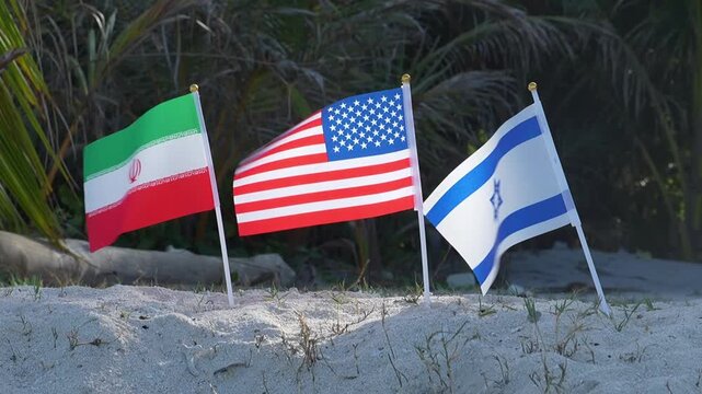 Flags of Iran, the United States, and Israel are firmly planted on a beach with lush palm trees.