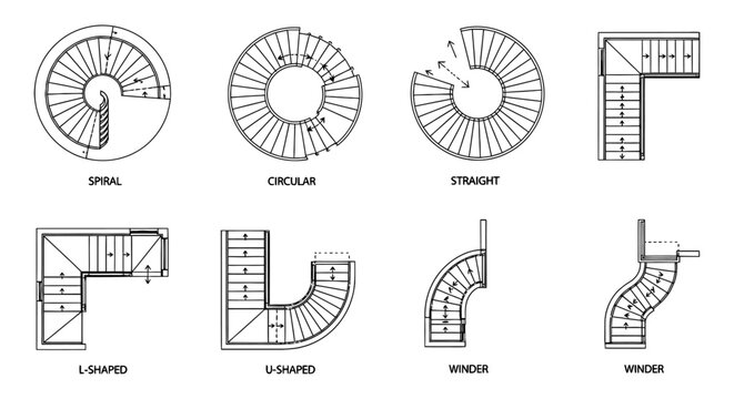 collection of different staircase types spiral circular straight l-shaped u-shaped and winder
