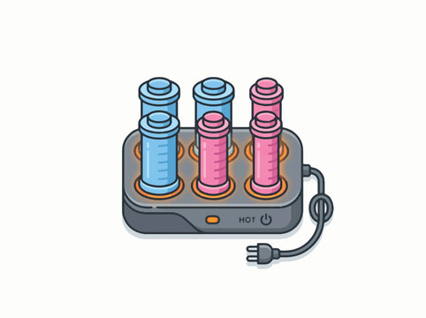 A set of heated hair rollers in a charging base with a power cord. The rollers are a mix of blue and pink, designed for creating curls.