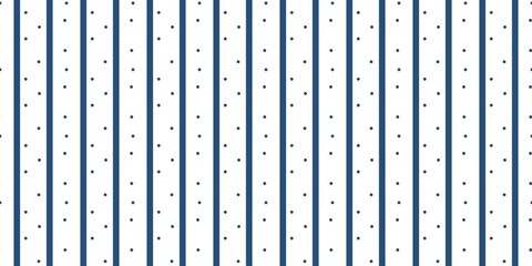 Seamless navy blue vertical lines with fine dots on a white background. Classic nautical-inspired geometric pattern for professional apparel and home linens. © MDC