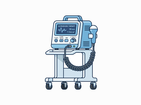 An illustration of a blue and white ultrasound therapy machine on a wheeled cart with a connected transducer probe. The screen displays ULTRASOUND THERAPY.