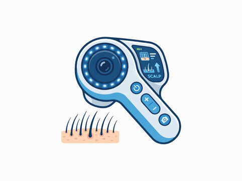 A digital handheld device, likely a scalp analyzer or dermatoscope, shown examining hair follicles and strands on a patch of skin. It features a lens, LED lights, and a screen.