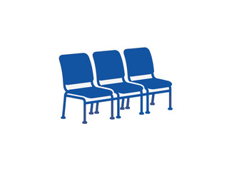 Obraz premium Three simple blue chairs are aligned in a row against a plain white background, depicted in a minimalist, icon-like style, suggesting a waiting area.