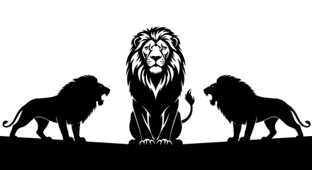 Majestic Lions Silhouette: Central King and Two Roaring Felines on White Background © Celia