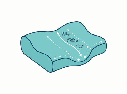 Ergonomic pillow design promotes neck support, cervical alignment, and posture aid through its contoured shape, indicated by arrows.