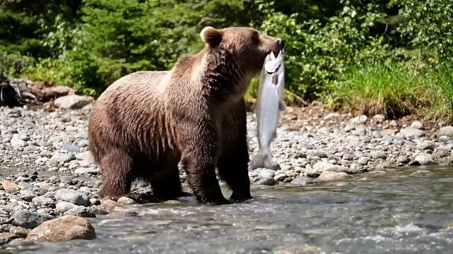 A powerful brown bear stands in a clear river, proudly holding its freshly caught salmon, a stunning display of instinct and survival in the vibrant green wilderness