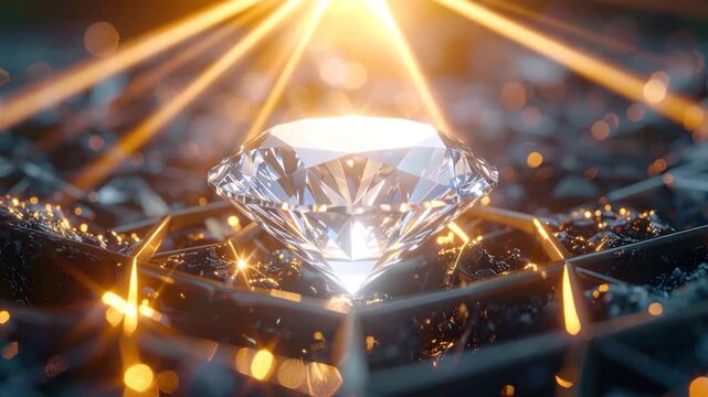Brilliant, large diamond surrounded by a geometric structure and light beams
