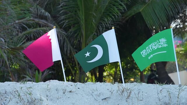 A closer view shows the flags of Qatar, Pakistan, and Saudi Arabia standing together on a beach with palm trees.