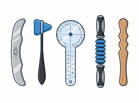 An illustration of five physical therapy and rehabilitation tools: an IASTM instrument, a reflex hammer, a goniometer, a massage roller stick, and a wooden massage tool, set against a white 