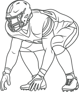 American football player in a three point stance wearing a protective helmet and jersey uniform depicted as a black and white line on a clean white background for coloring book pages