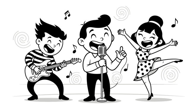 Retro Band Performing: Singer, Guitarist, Dancer in Lively Cartoon Style