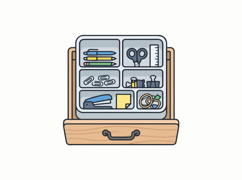An open wooden desk organizer filled with office supplies like pens, scissors, paper clips, a stapler, and more, neatly compartmentalized.