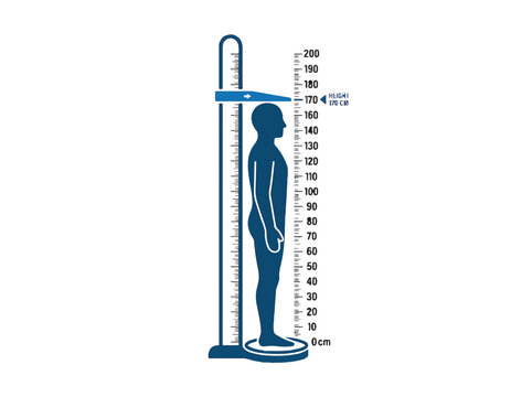 A blue silhouette of a person being measured for height at 170 cm using a stadiometer, set against a white background.
