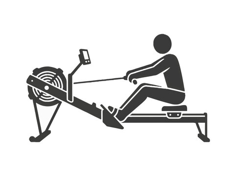 A black and white pictogram of a person using a rowing machine, with a screen displaying information.