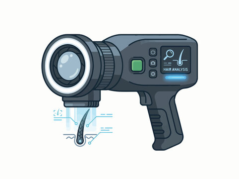 A stylized illustration of a digital hair analysis device, featuring a lens and screen displaying a magnified hair follicle.