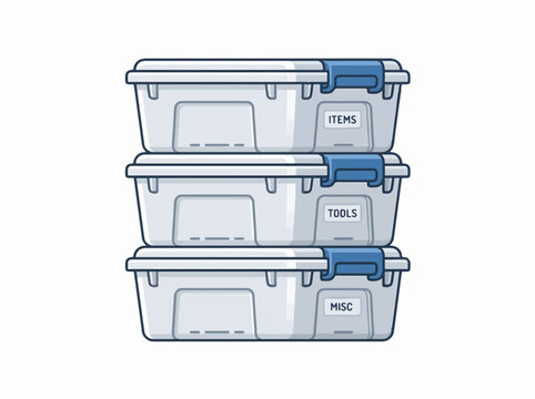 Stack of three clear plastic storage bins with blue latches, labeled ITEMS, TOOLS, and MISC. Isolated on white.