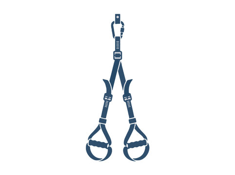 A dark blue, stylized illustration of a suspension trainer, also known as TRX straps, hanging from a carabiner on a white background.