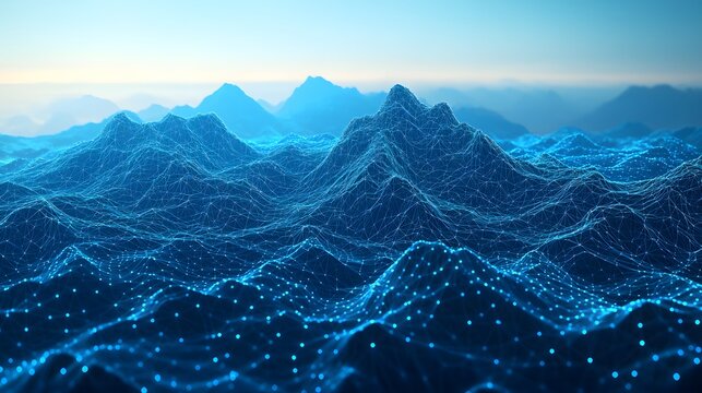 Digital landscape displays interconnected data points forming a mountain range.