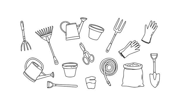 Minimal gardening tool doodle icon collection hand drawn garden care equipment and backyard maintenance line vector set