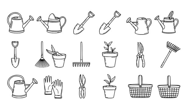 Hobby gardening hand drawn doodle icon set with plant care tools and garden maintenance equipment vector outline illustration